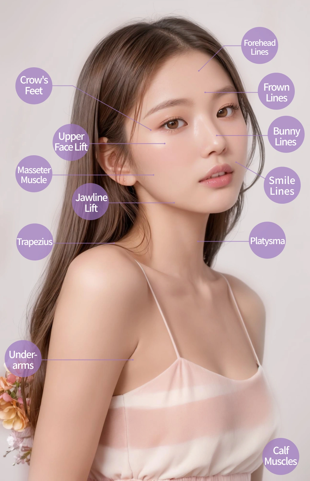 Treatment Areas: Forehead lines, frown lines, bunny lines, smile lines, crow's feet, upper face lift, masseter muscle, jawline lift, trapezius, platysma, underarms, calf muscles