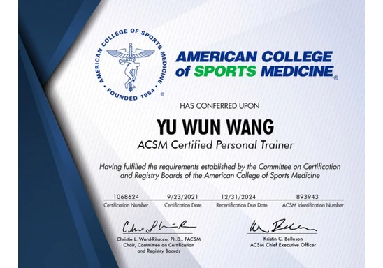Dr. Yu-Wen Wang professional certificate