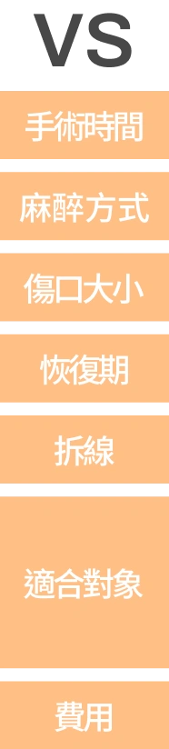 比較項目-手術時間、麻醉方式、傷口大小、恢復期、拆線、適合對象、費用