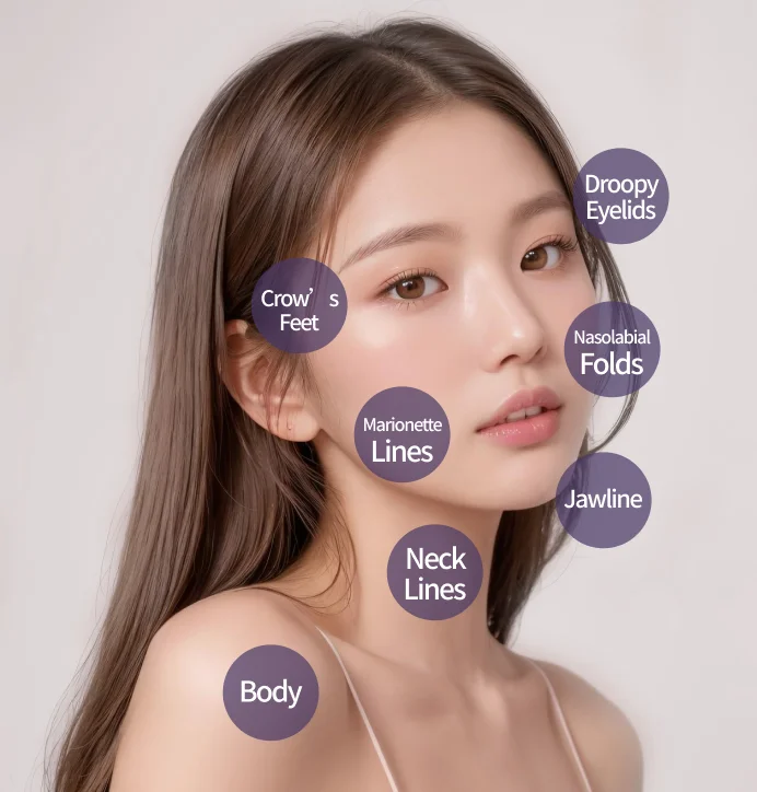 Treatment areas - nasolabial folds, marionette lines, jawline, droopy eyelids, crow's feet, neck lines, body