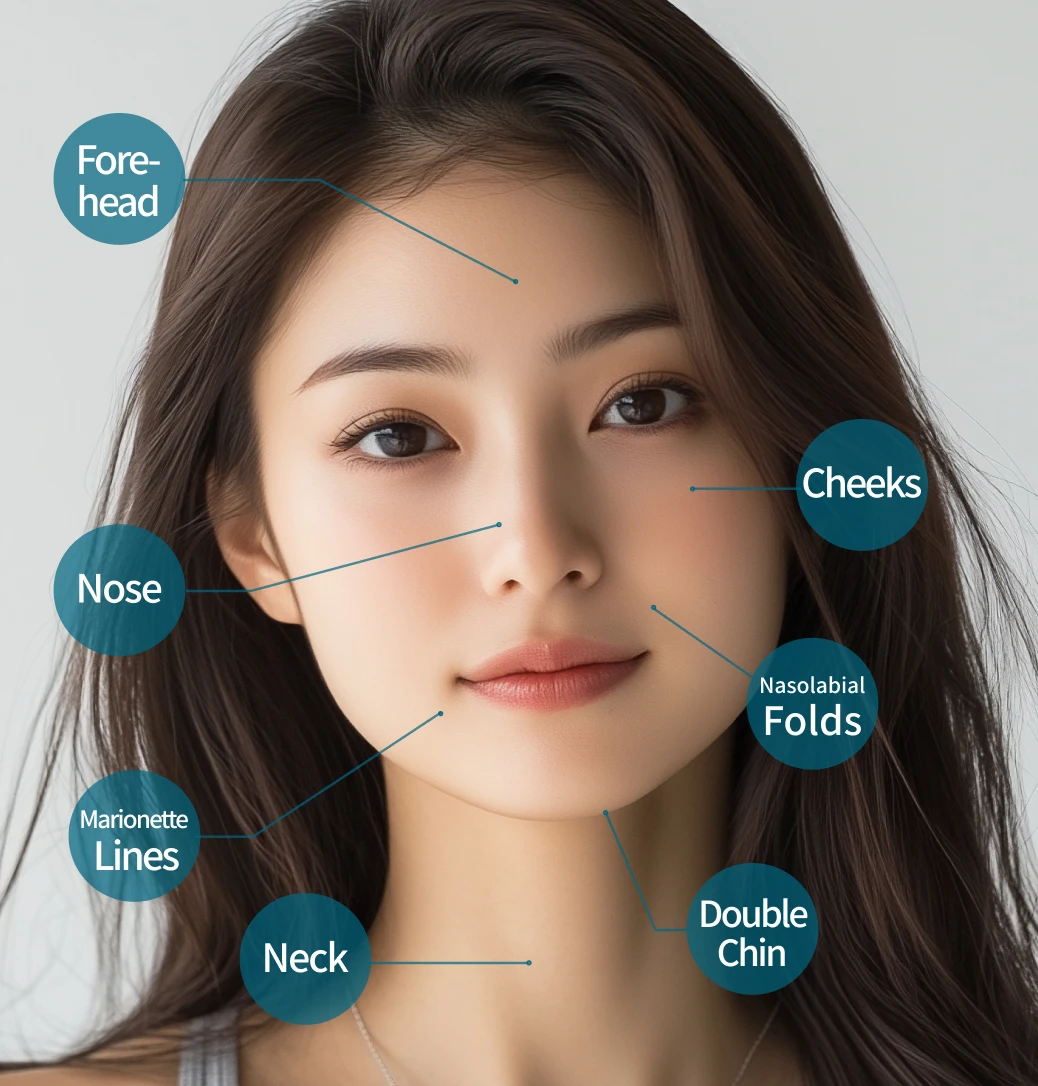 Applicable Treatment Areas – Forehead, Nose, Marionette Lines, Neck, Double Chin, Cheeks, Nasolabial Folds