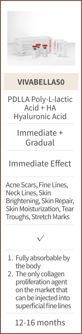 VIVABELLA50 - Ingredients: PDLLA Poly-L-lactic Acid + HA Hyaluronic Acid; Filling Effect: Immediate + Gradual; Time to See Results: Immediate Effect; Suitable Areas: Acne Scars, Fine Lines, Neck Lines, Skin Brightening, Skin Repair, Skin Moisturization, Tear Troughs, Stretch Marks; Collagen Proliferation: Yes; Advantages: 1. Fully Absorbable by the Body 2. The only collagen proliferation agent on the market that can be injected into superficial fine lines; Duration of Effect: 18-24 months